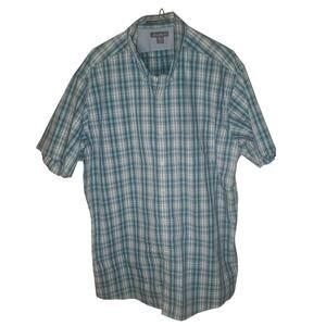Eddie Bauer Button Shirt SS Wrinkle Free Blue Teal White Plaid Classic Fit XLT